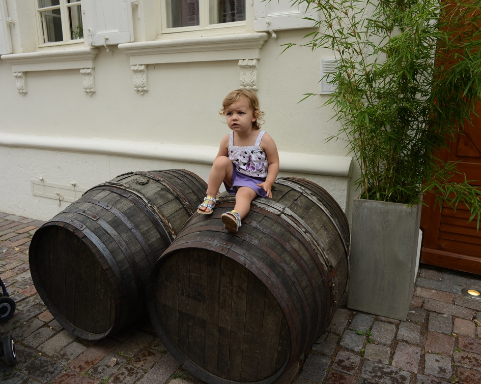 Greta on a wine barrel2